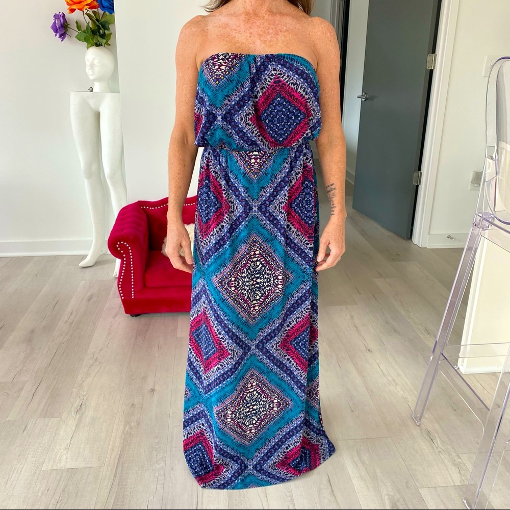 ❤️ Trixxi Strapless Multi Color Boho Crochet Maxi Dress